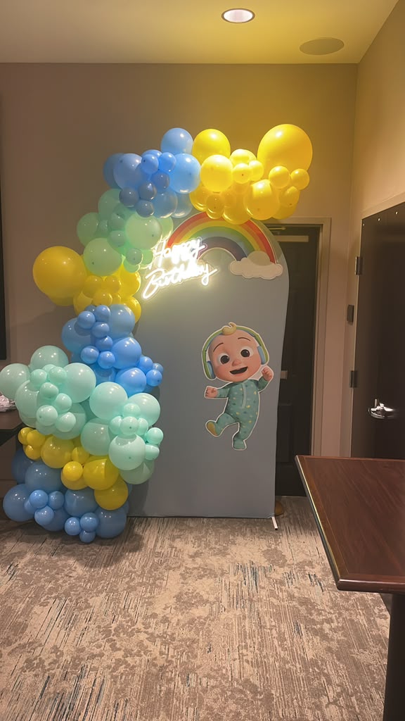 Blue, yellow and mint balloon garland with rainbow birthday backdrop